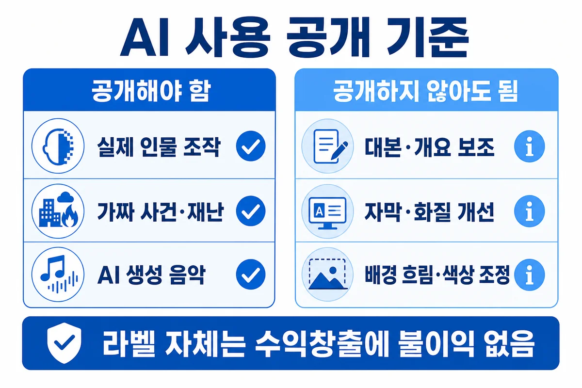 유튜브 AI 사용 공개 대상과 비공개 가능 제작 보조 비교