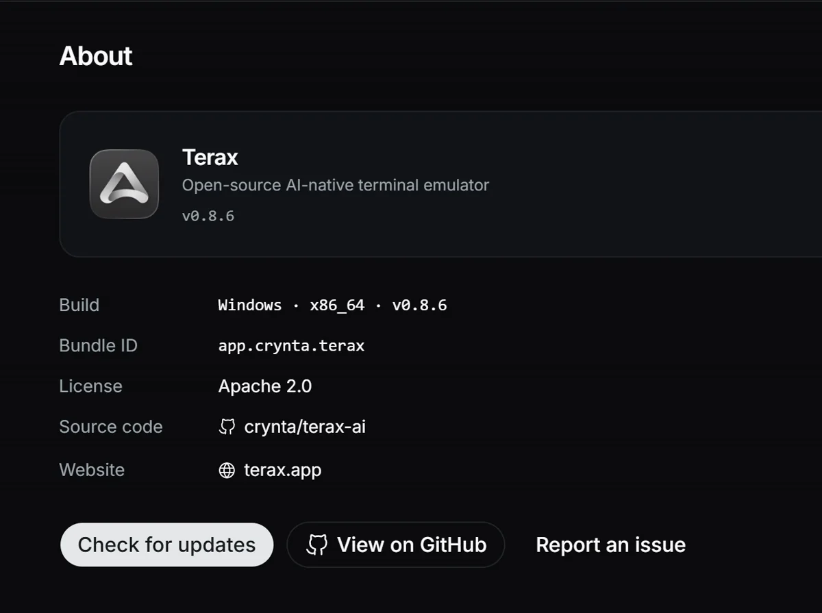 Terax About — v0.8.6 · Apache 2.0 · crynta/terax-ai