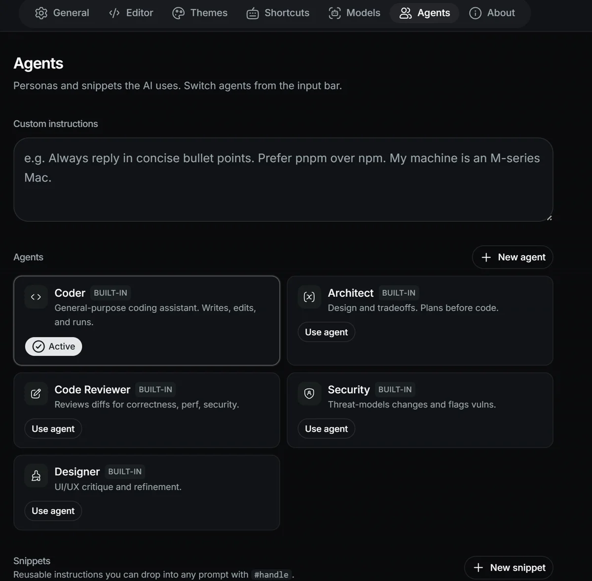 내장 Agents — Coder · Architect · Reviewer