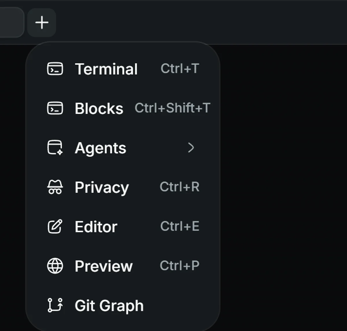 새 탭 메뉴 — Terminal · Blocks · Agents · Privacy · Editor · Preview · Git Graph