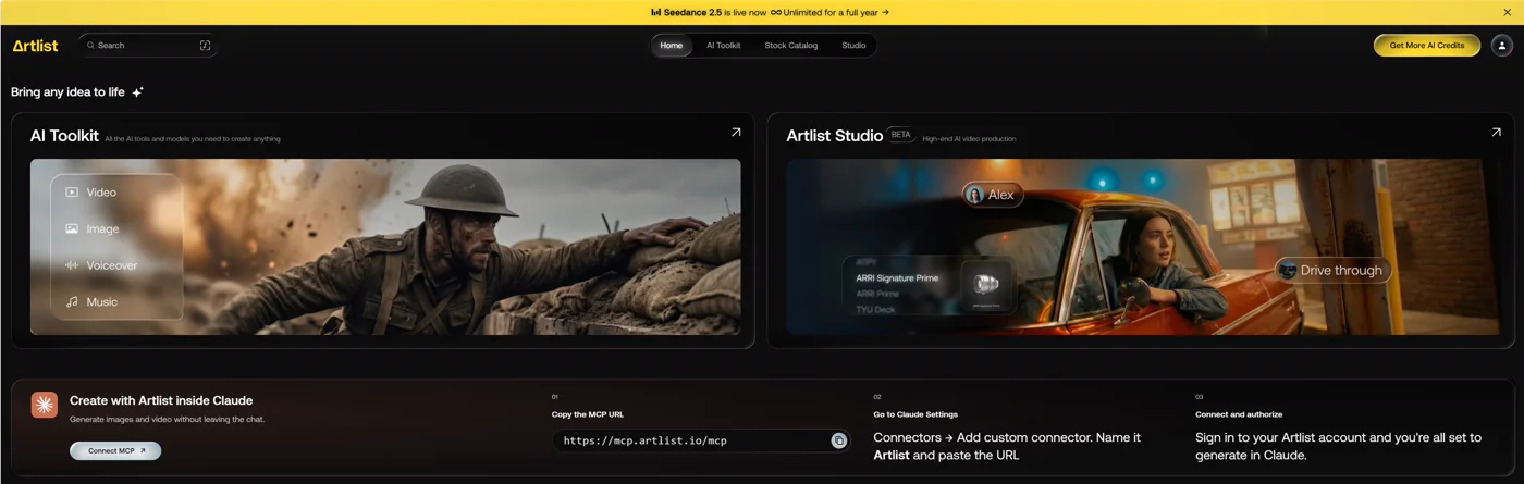 Artlist 홈 — Seedance 2.5 Unlimited 배너와 Studio·Claude MCP