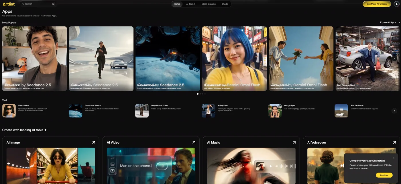 Artlist Studio Apps — Seedance 2.5 앱 카드