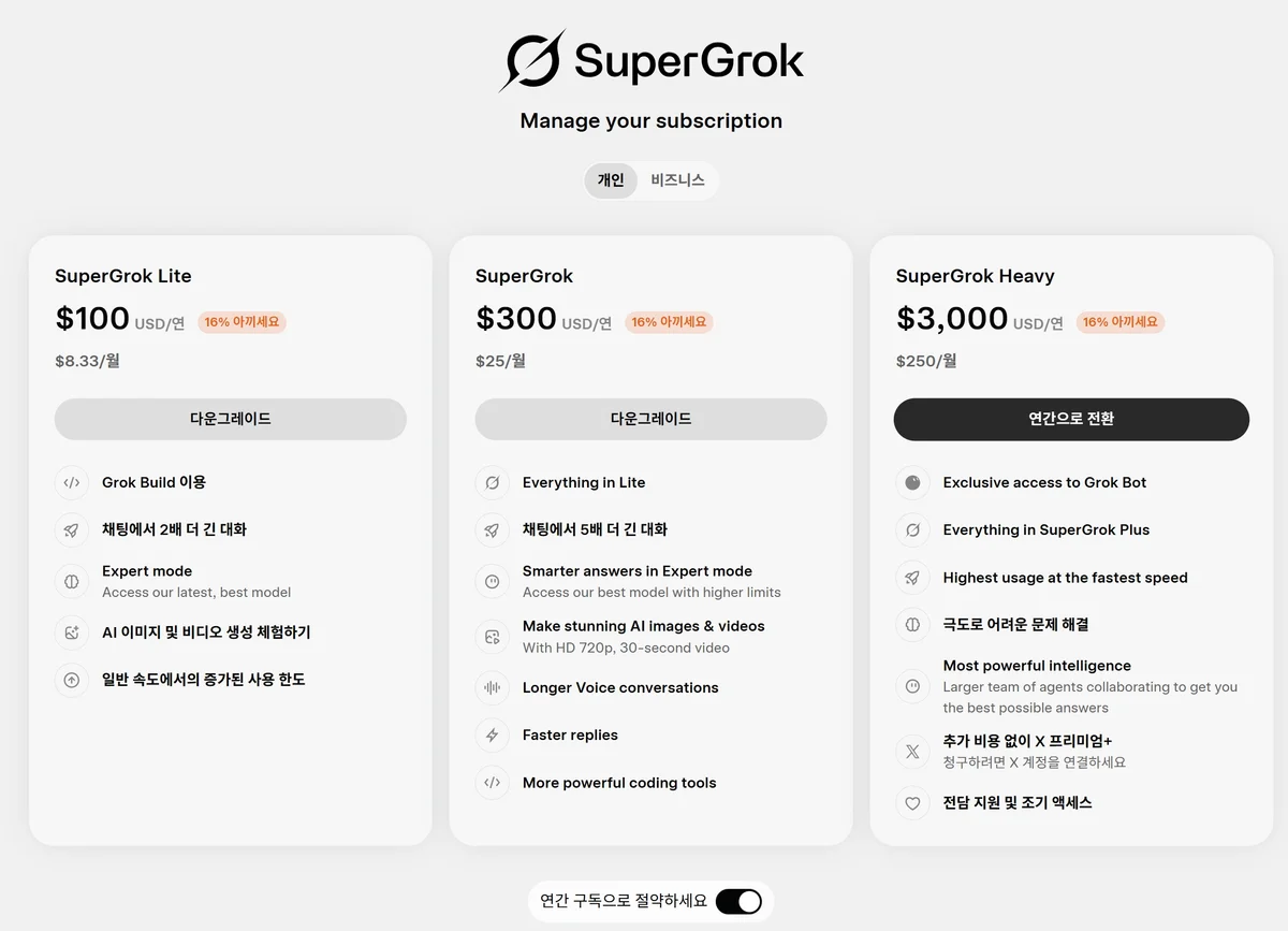 연간 결제로 전환한 슈퍼그록 요금제 3종
