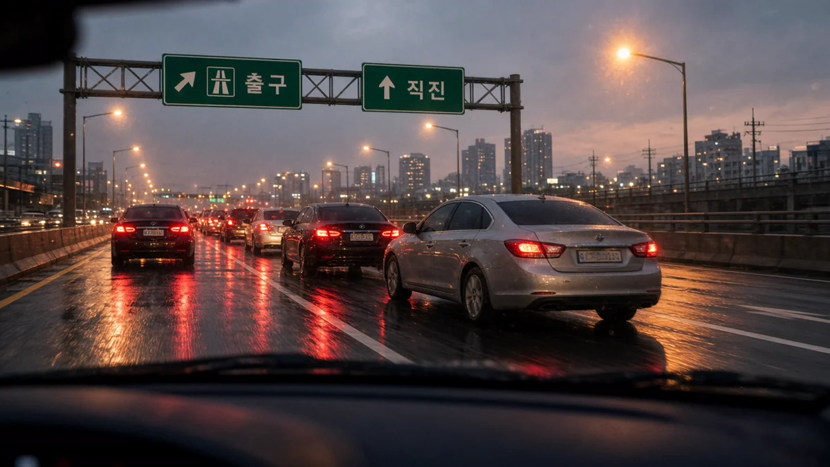 고속도로 출구 정체 줄로 직진 차로에서 끼어드는 장면
