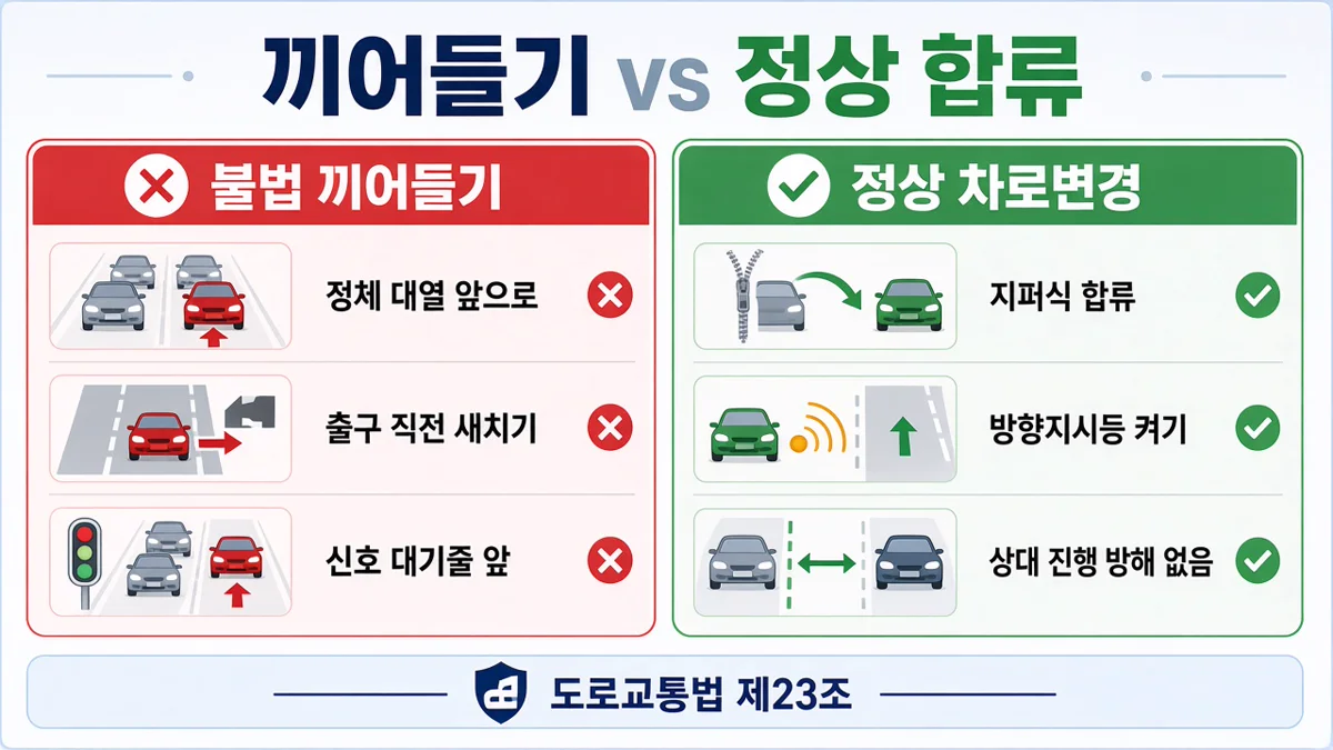 불법 끼어들기와 정상 합류를 비교한 한글 인포그래픽
