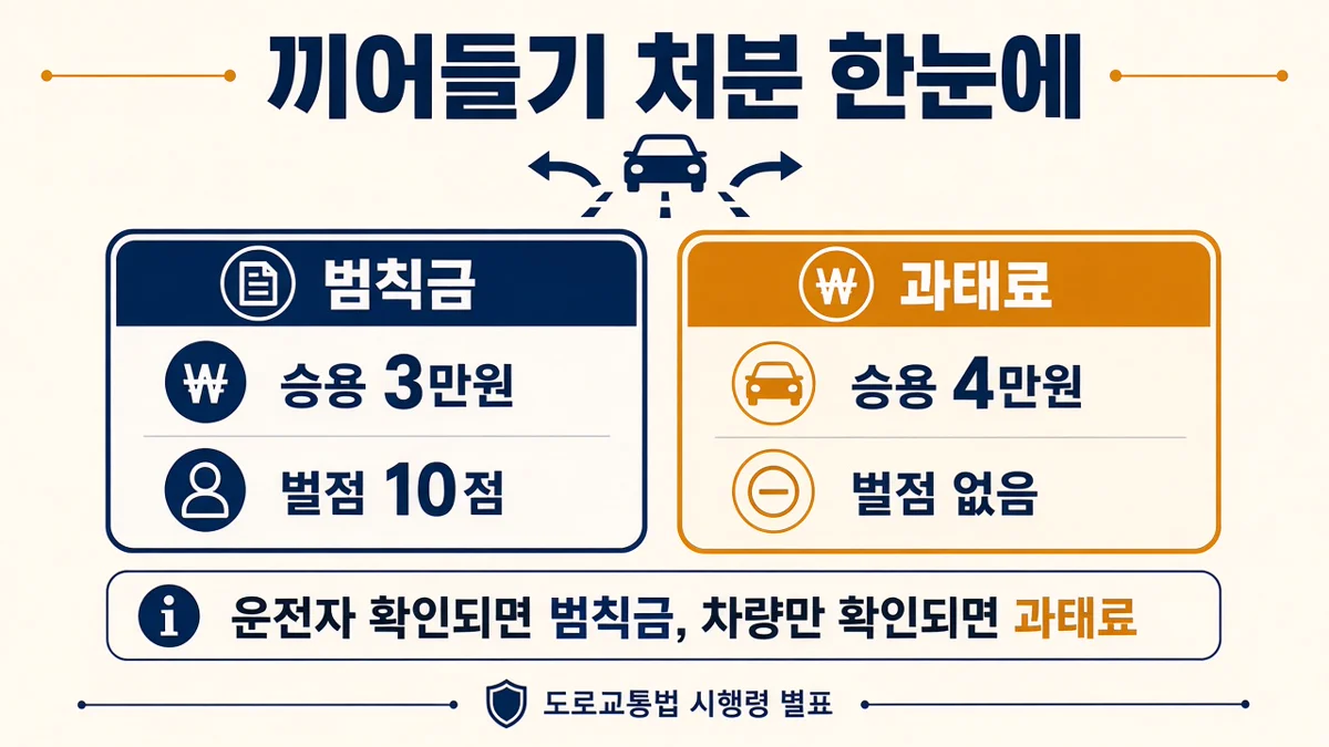 끼어들기 범칙금 3만 원과 과태료 4만 원을 비교한 인포그래픽