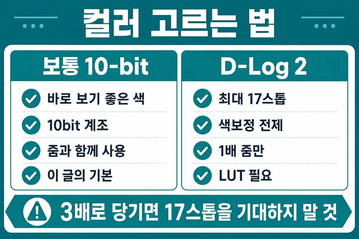 보통 10-bit와 D-Log 2 컬러 선택 인포
