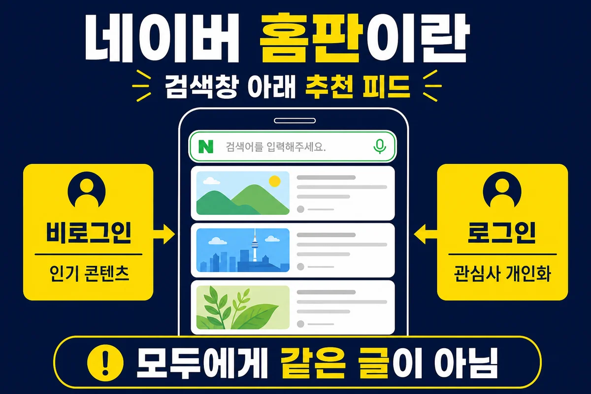 네이버 홈판이란 — 검색창 아래 추천 피드, 비로그인은 인기 콘텐츠·로그인은 관심사 개인화