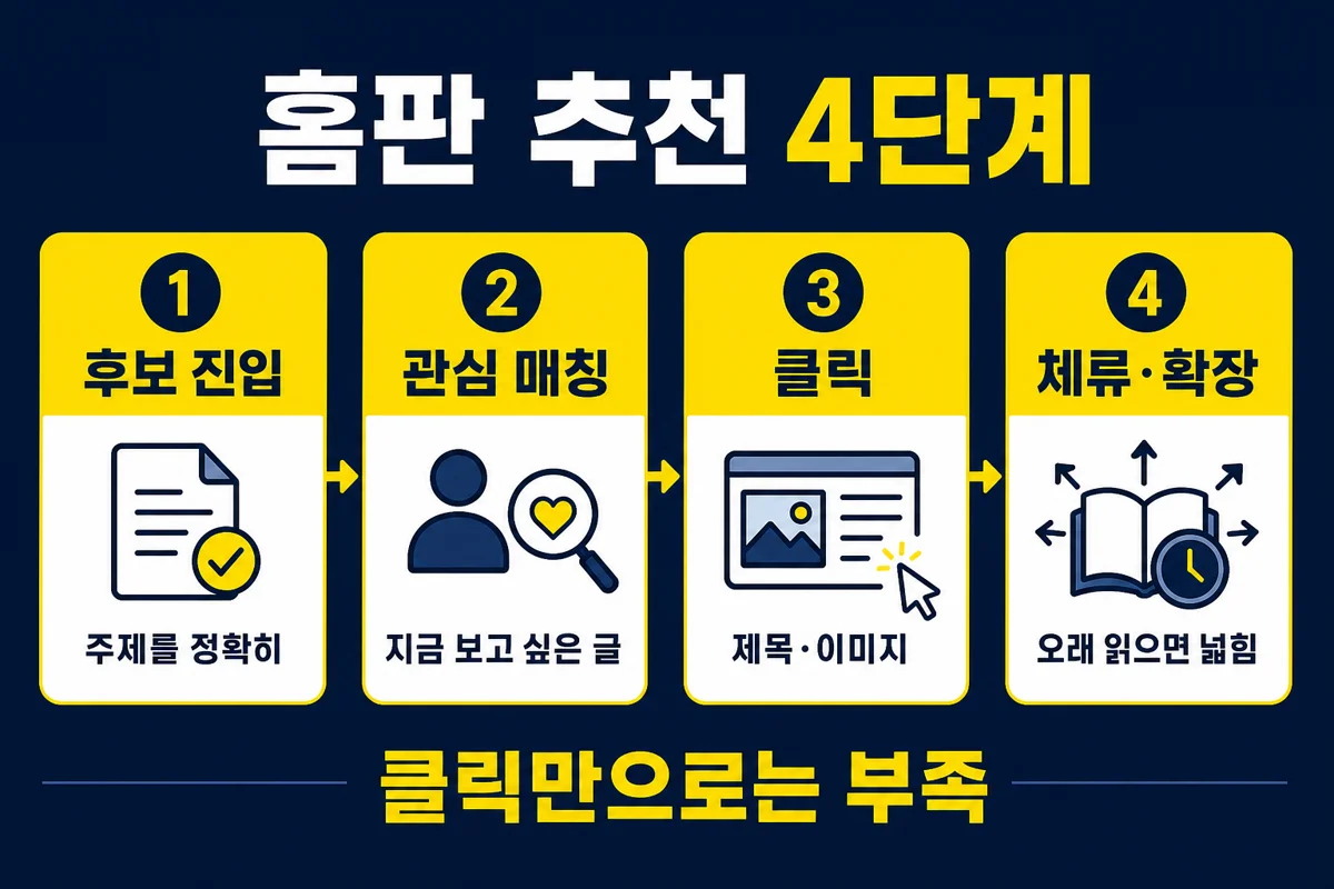 홈판 추천 4단계 — 후보 진입, 관심 매칭, 클릭, 체류·확장