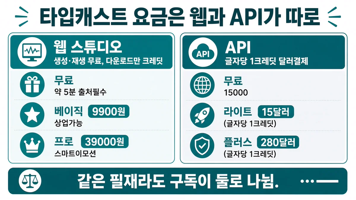 타입캐스트 웹 스튜디오와 API 요금 분리 인포. 웹은 다운로드 크레딧, API는 글자당 1크레딧