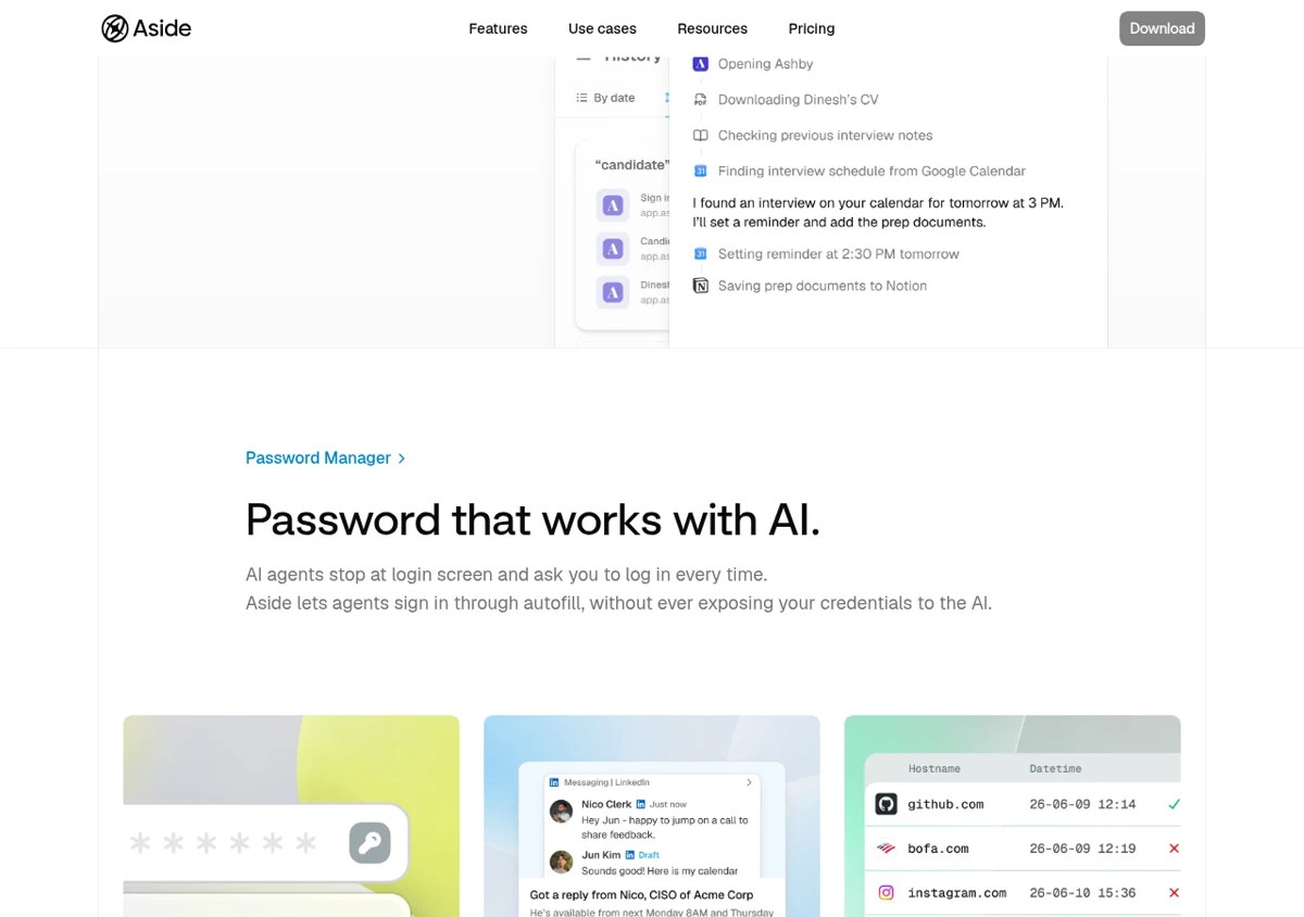 Aside 공식 홈페이지의 Password Manager 제품 섹션