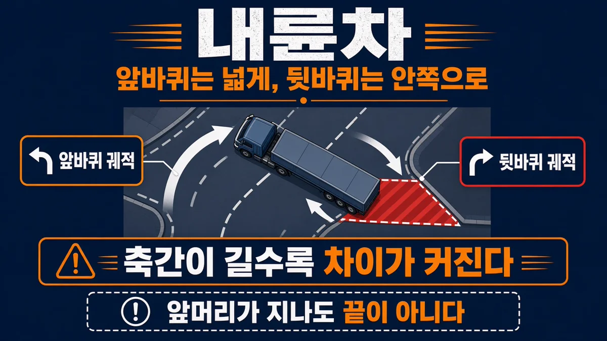 대형차 우회전 때 앞바퀴는 넓게, 뒷바퀴는 안쪽으로 도는 내륜차 도해