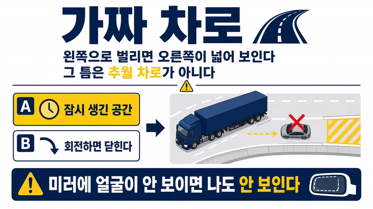 왼쪽으로 벌려 생긴 오른쪽 틈은 가짜 차로라는 설명 도해