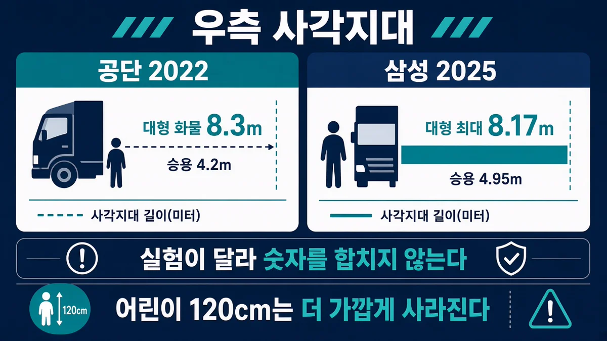 공단 2022년과 삼성 2025년 대형차 우측 사각지대 수치 비교 인포