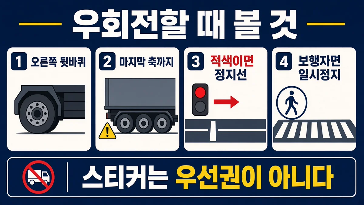 대형차 우회전에서 뒷바퀴·마지막 축·정지선·보행자를 보라는 체크 인포