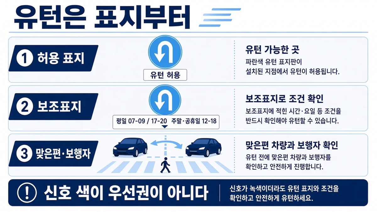 유턴은 허용 표지, 보조표지, 맞은편과 보행자 순으로 본다는 순서 인포