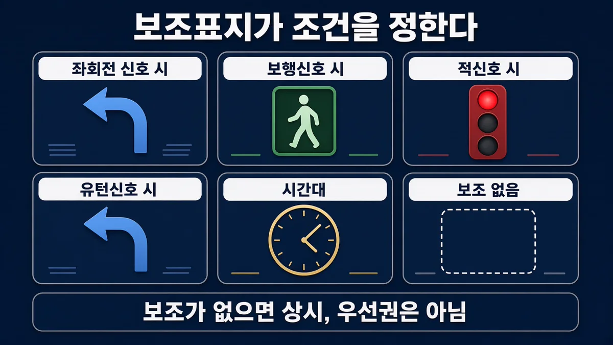 좌회전 신호 시, 보행신호 시, 적신호 시 등 유턴 보조표지 조건 인포