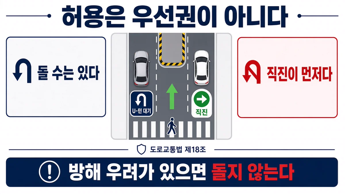 유턴 허용은 우선권이 아니고 직진과 보행자가 먼저라는 도해