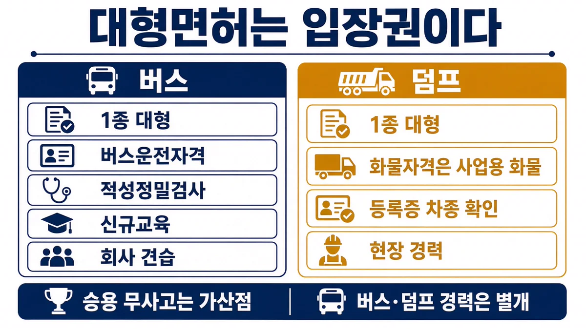 버스와 덤프 취업에서 1종 대형은 공통 입장권이고 자격·교육·현장이 따로라는 인포