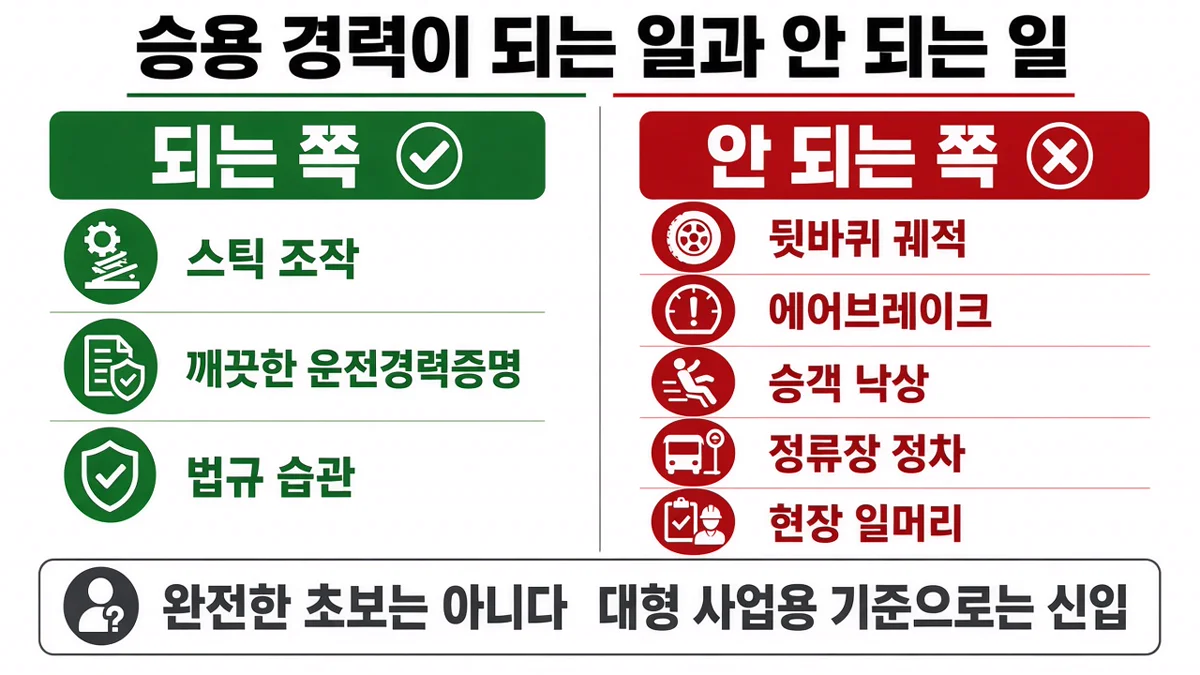승용 스틱과 무사고 서류는 가산점이고 뒷바퀴 궤적·에어브레이크는 사업용 신입 영역이라는 비교 인포