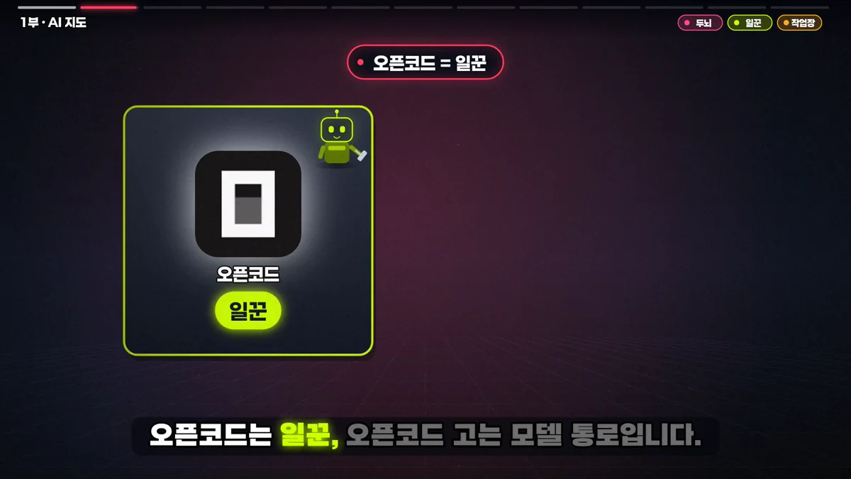 오픈코드는 일꾼이고 오픈코드 고는 모델 통로라는 화면