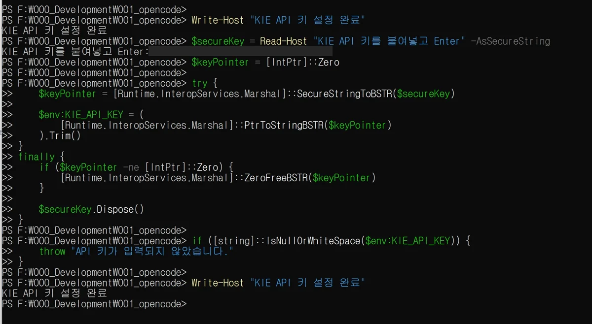 PowerShell 숨김 입력으로 KIE API 키를 설정한 화면