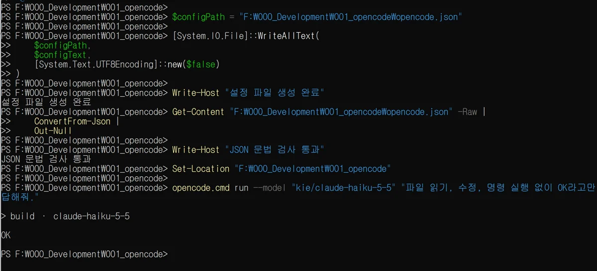 JSON 문법 검사 통과와 run 명령 OK 응답 화면