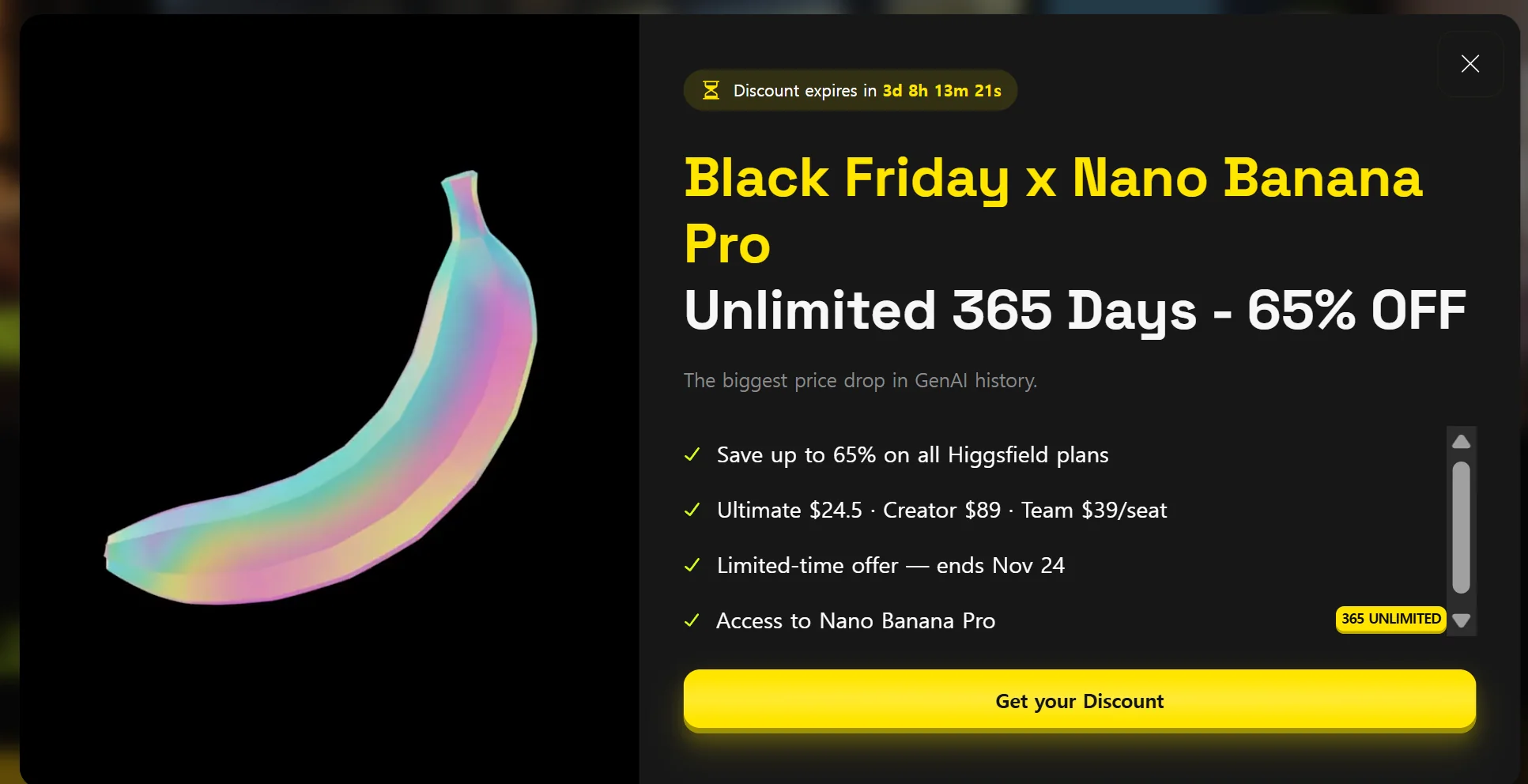 힉스필드 나노 바나나 프로 무제한 행사 - 블랙 프라이데