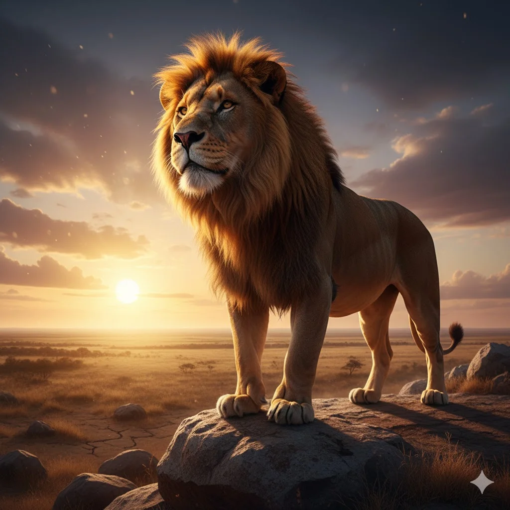 Low angle shot of a majestic lion, dramatic perspective looking up at the subject, golden hour lighting