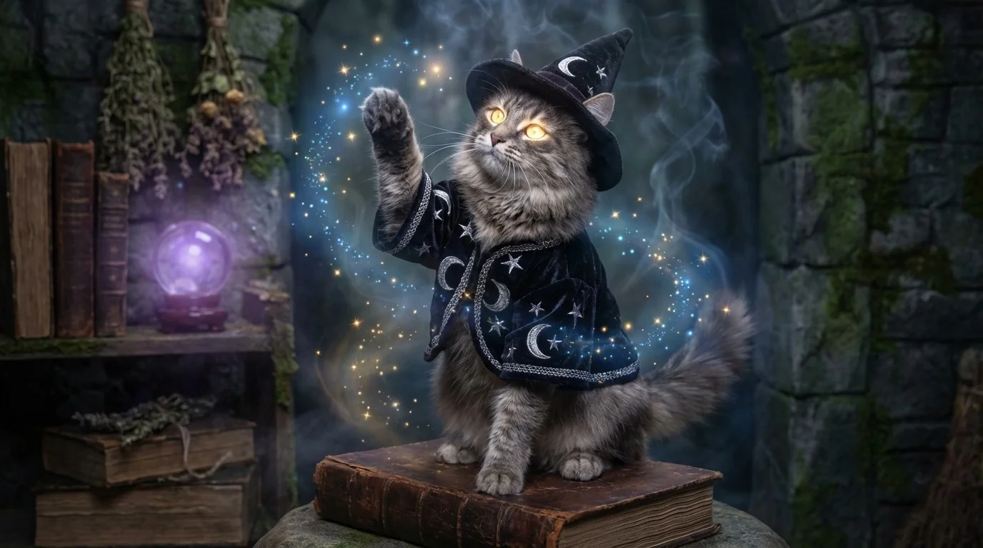A wizard cat casting a magical spell, sparkles emanating from its paw, mid-incantation with glowing eyes
