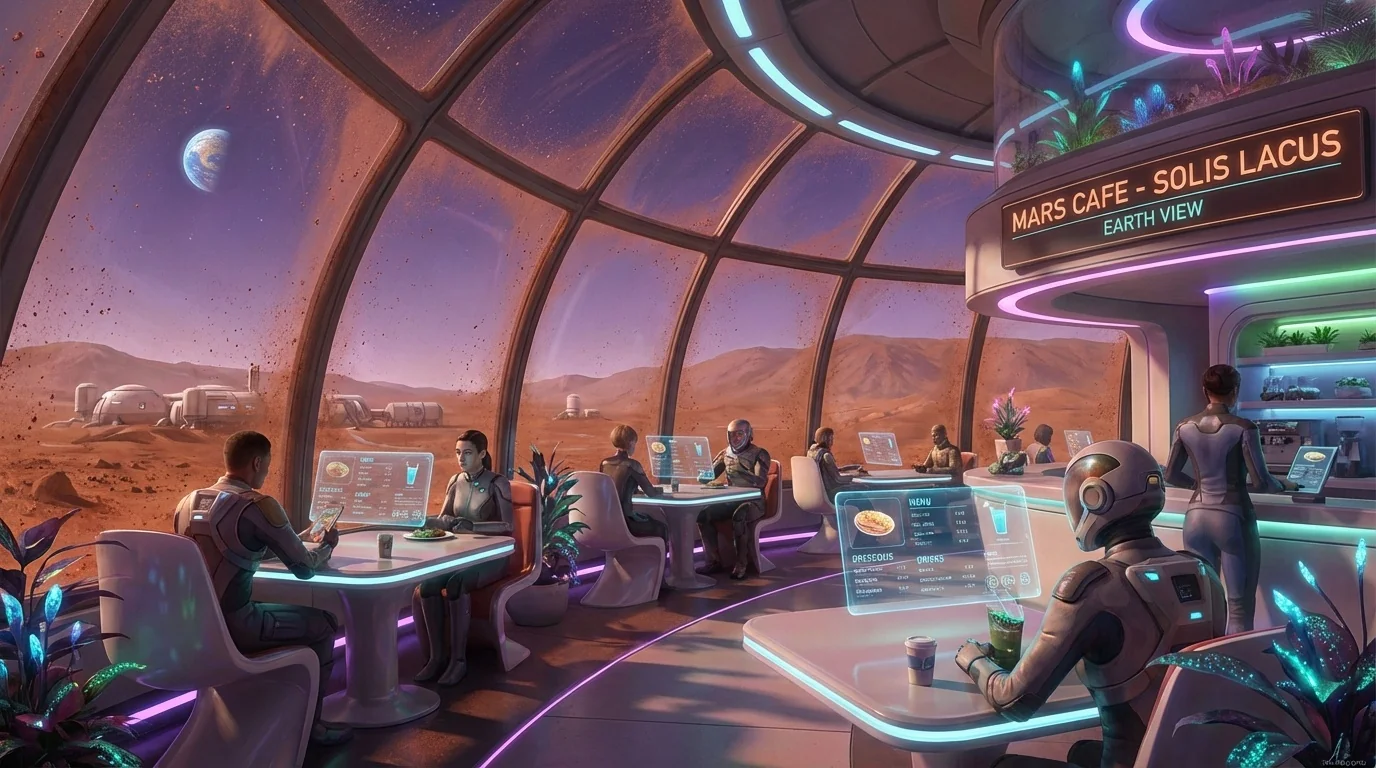 A futuristic cafe on Mars, red dust settling on dome windows, Earth visible in the purple sky, holographic menu displays