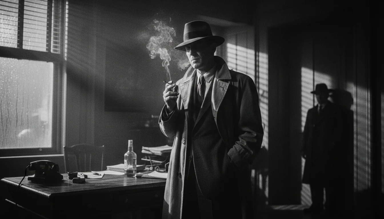 Film noir style, high contrast black and white, dramatic shadows, 1940s detective aesthetic, grainy texture