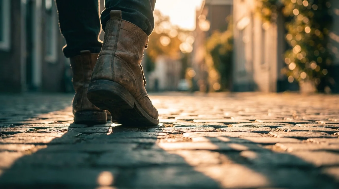 A low-angle shot with shallow depth of field (f/1.8), golden hour backlighting creating long shadows, cinematic color grading with muted teal tones, bokeh in background
