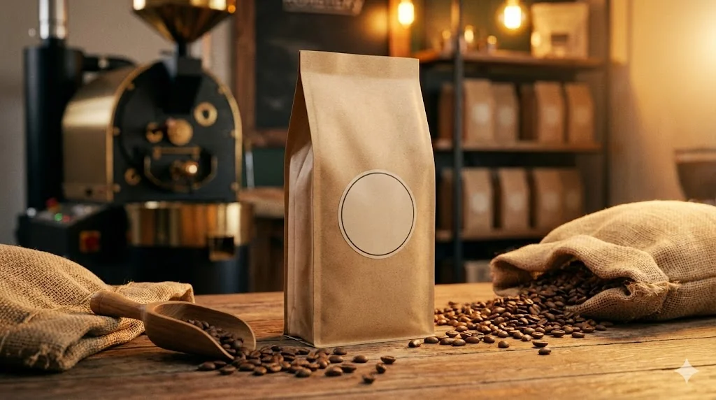 A kraft paper coffee bag with minimalist logo placement area 