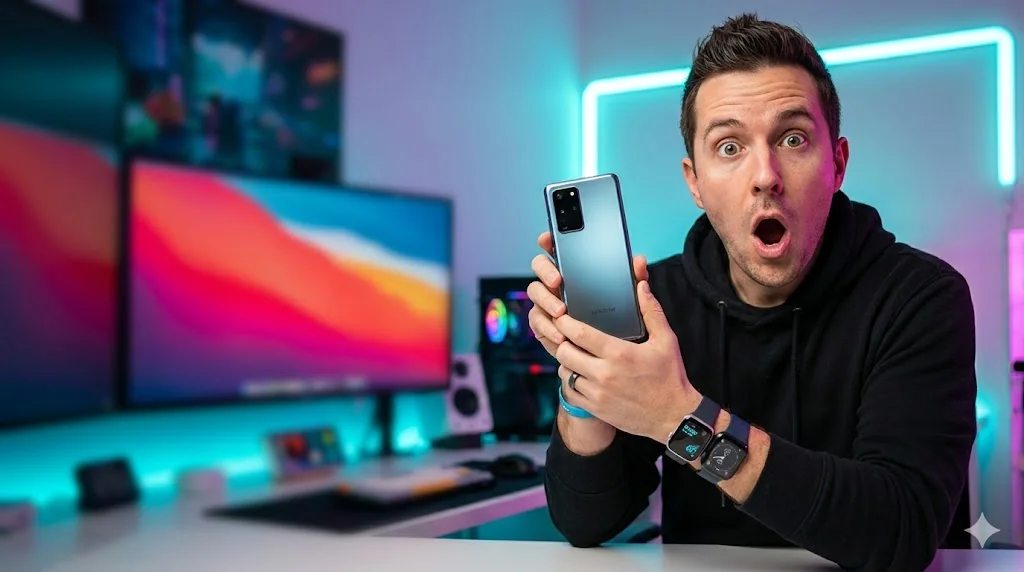 A tech enthusiast with a genuinely surprised expression holding the latest smartphone