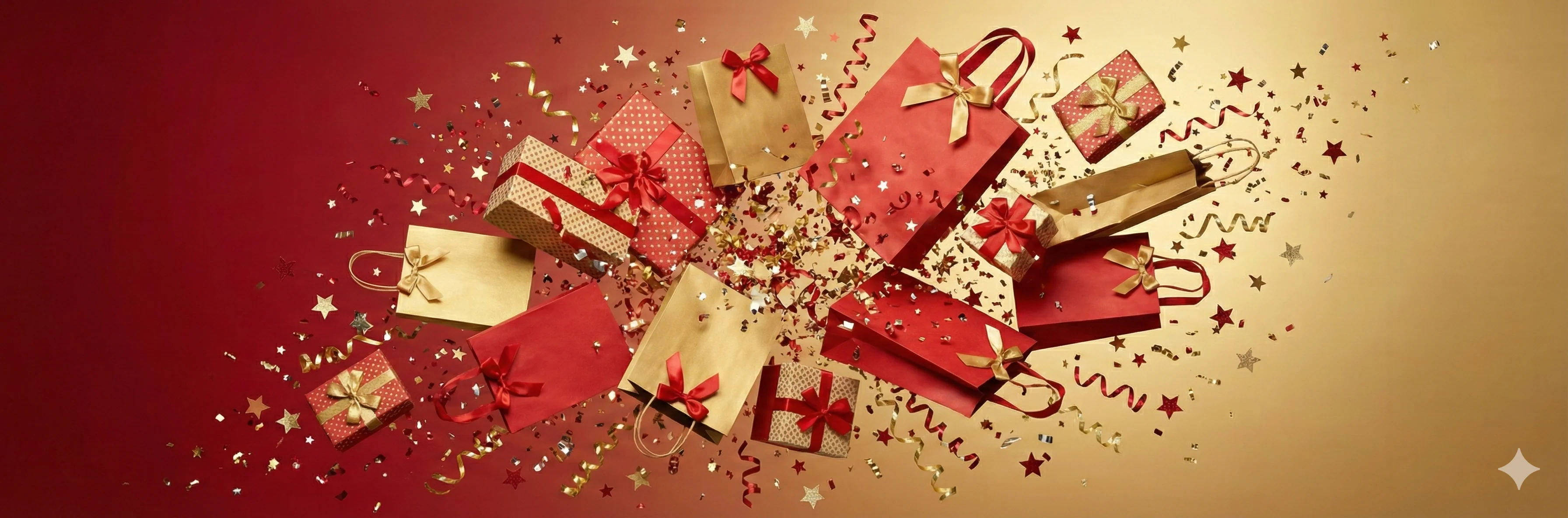 An explosion of shopping bags, gift boxes