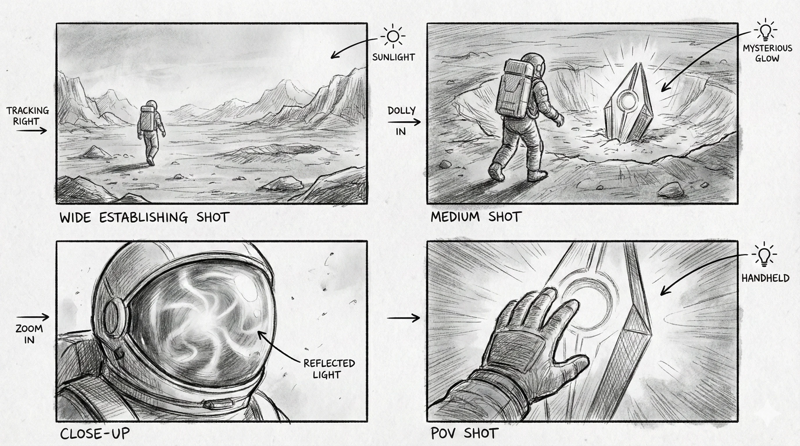 A four-panel storyboard showing an astronaut discovering a mysterious alien artifact