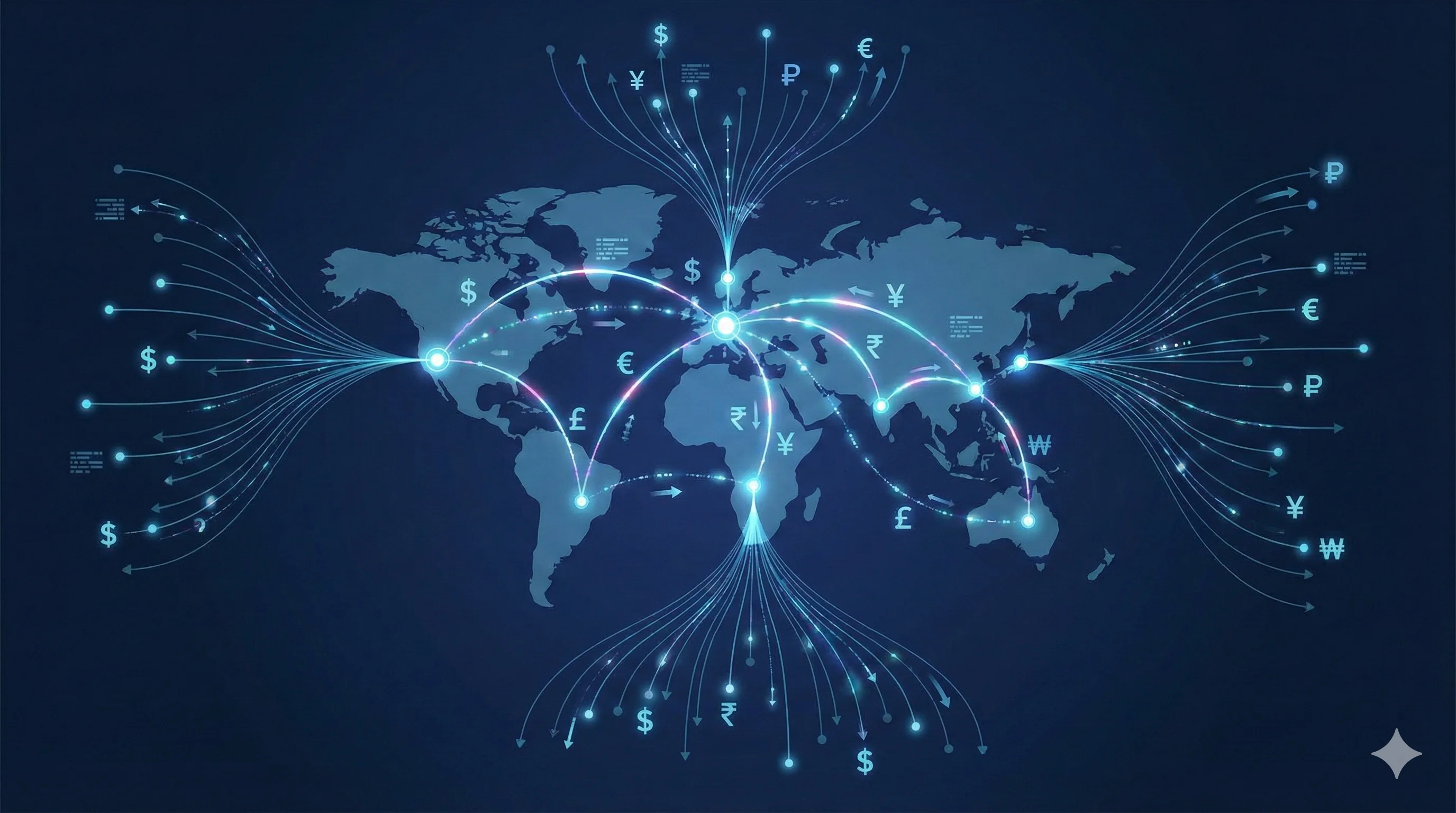 An abstract representation of global economic interconnection featuring currency symbols