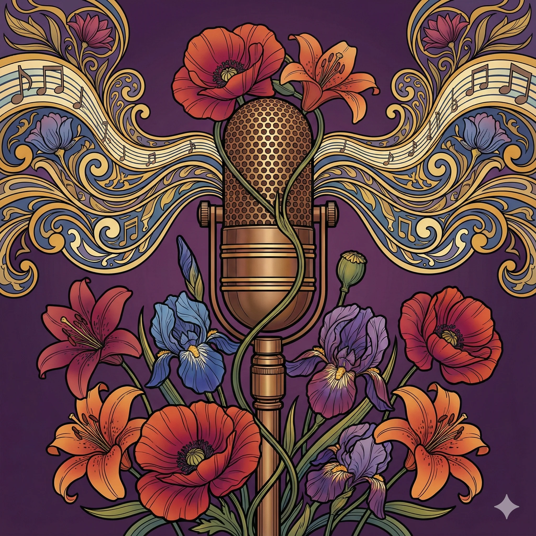 A vintage microphone intertwined with blooming flowers