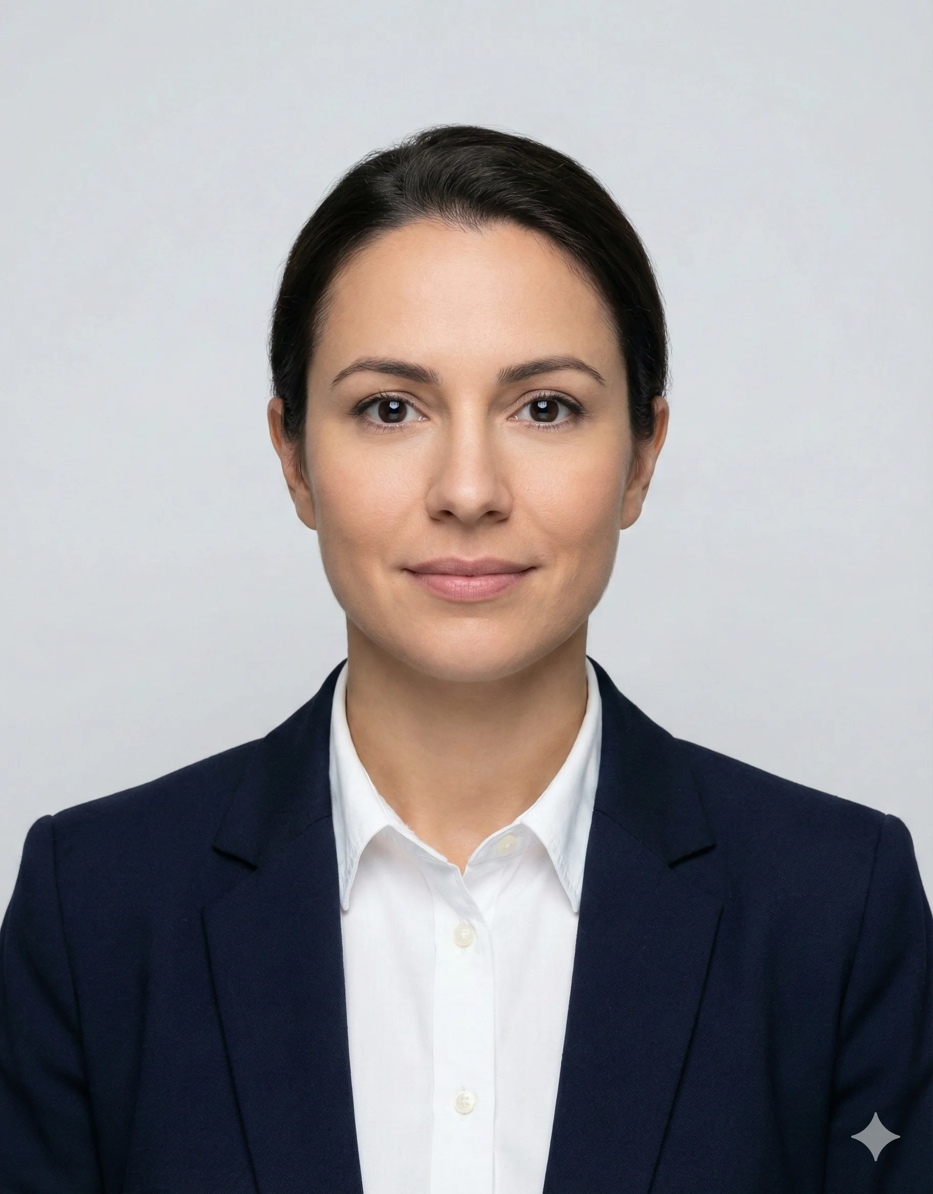 A professional woman in her mid-30s wearing a navy blazer