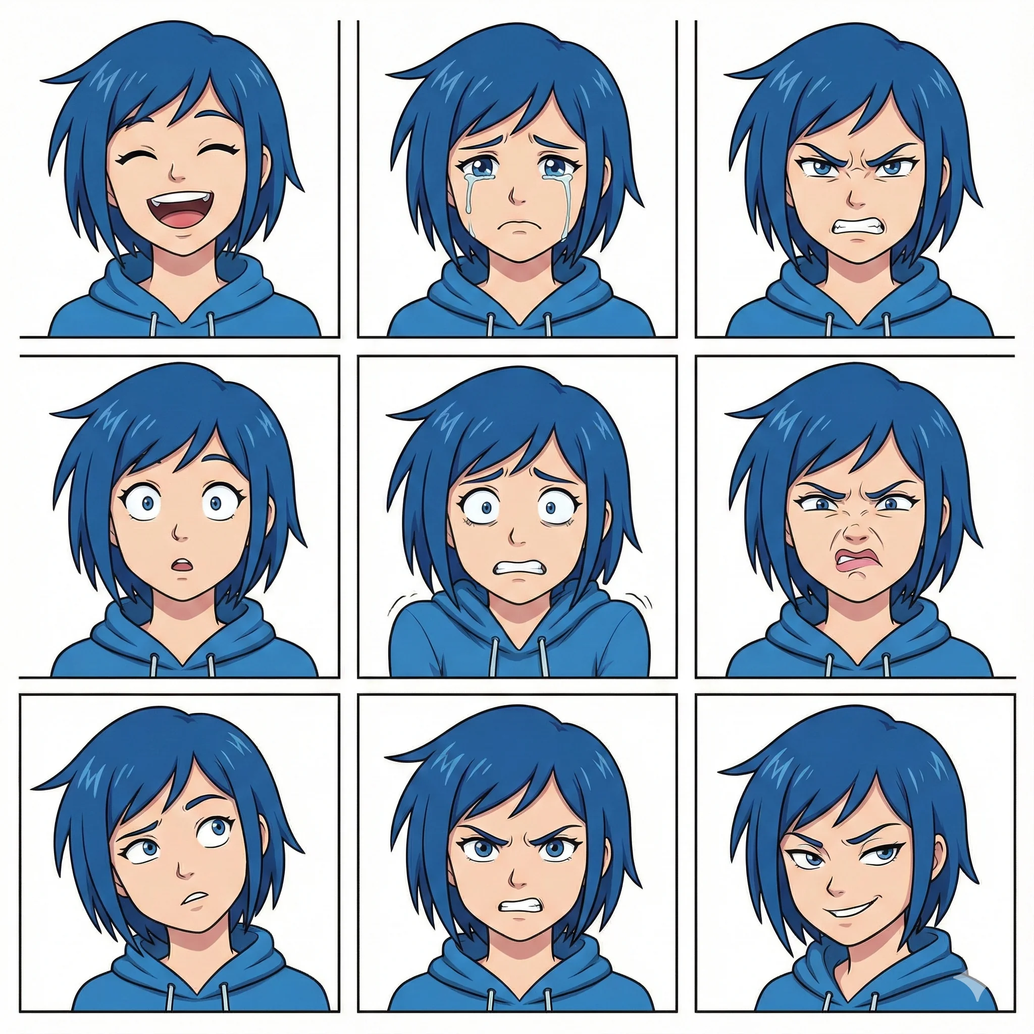 A young female character with short blue hair