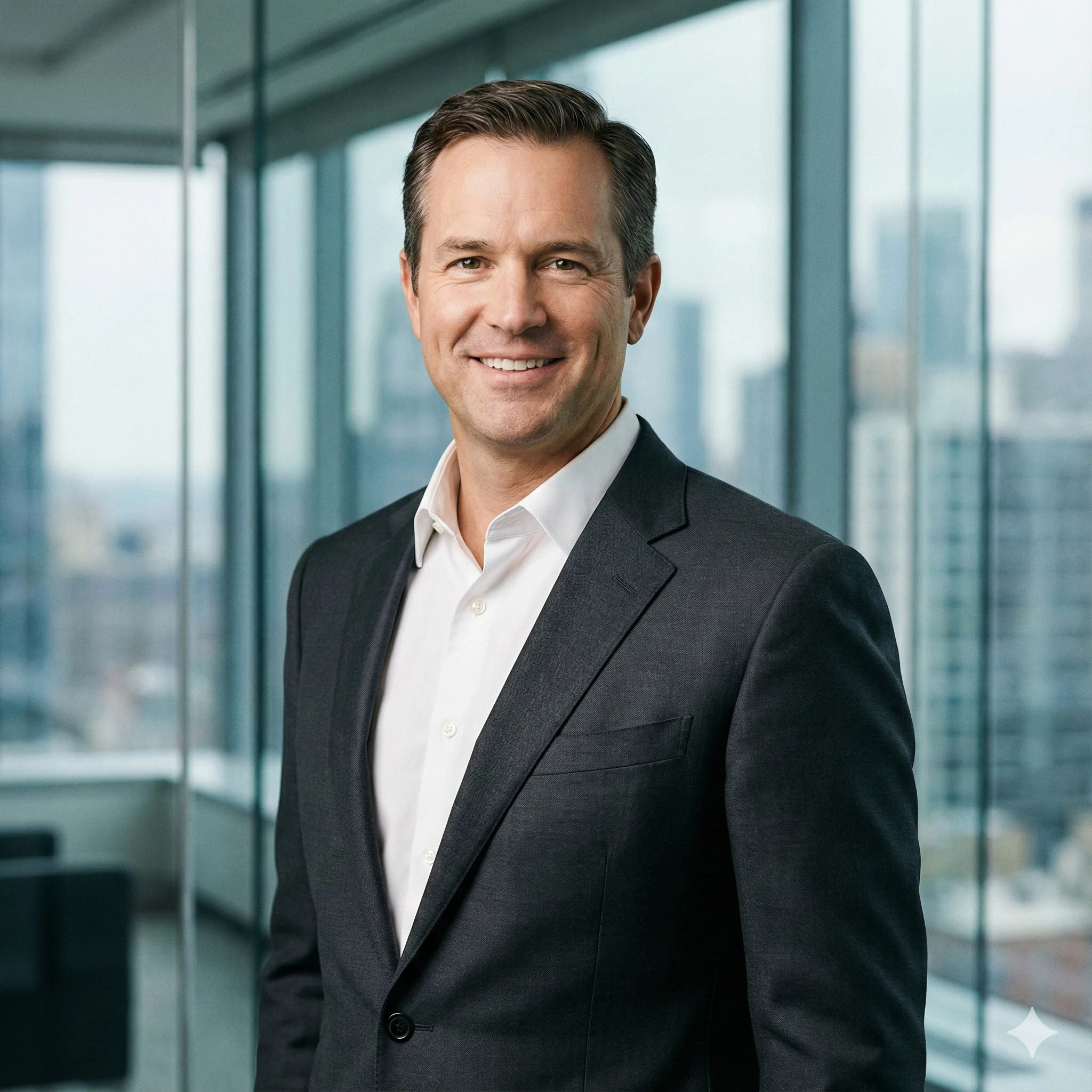 A confident male executive wearing a well-tailored charcoal suit