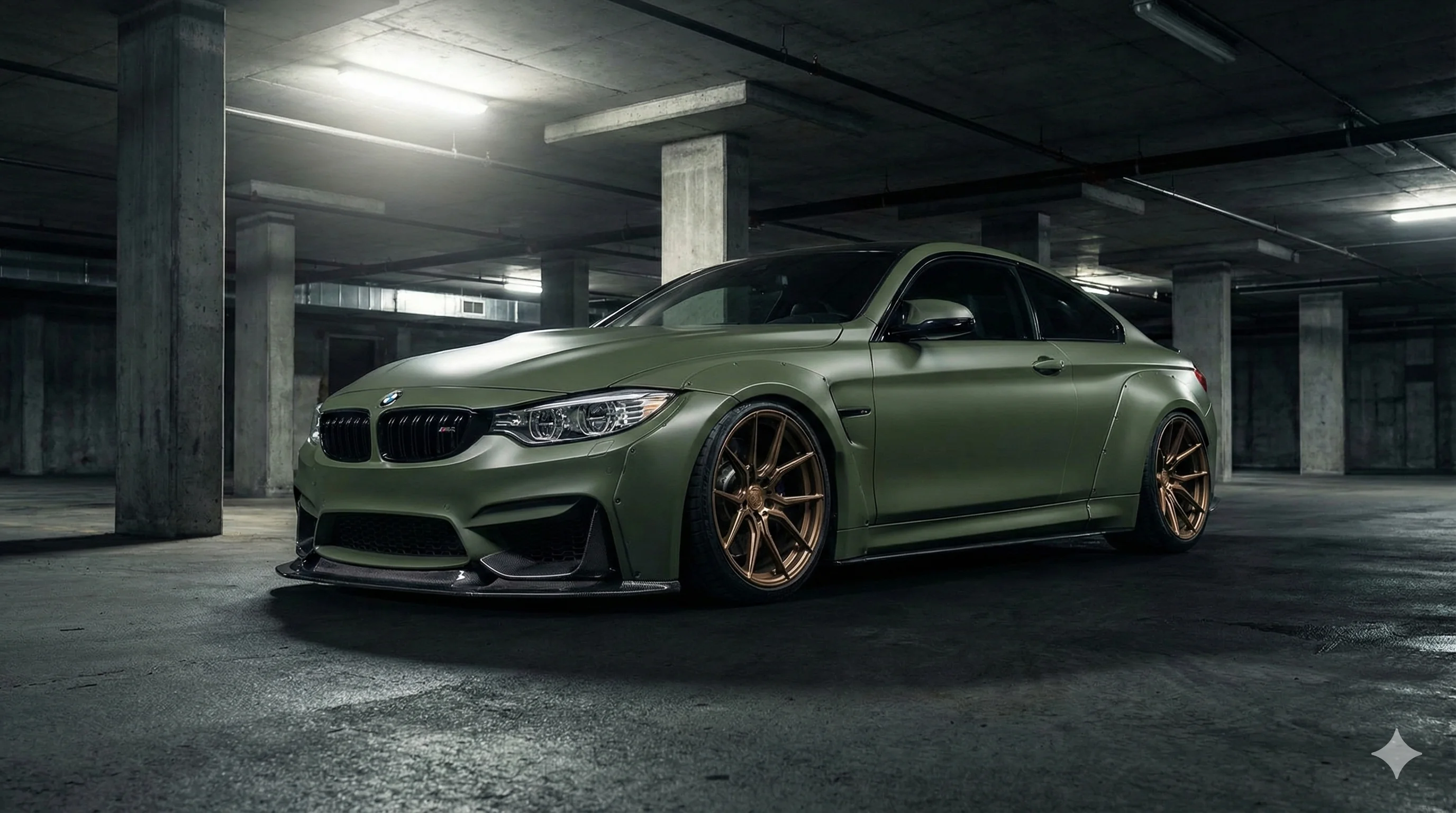 A luxury sports coupe modified with an aggressive widebody kit