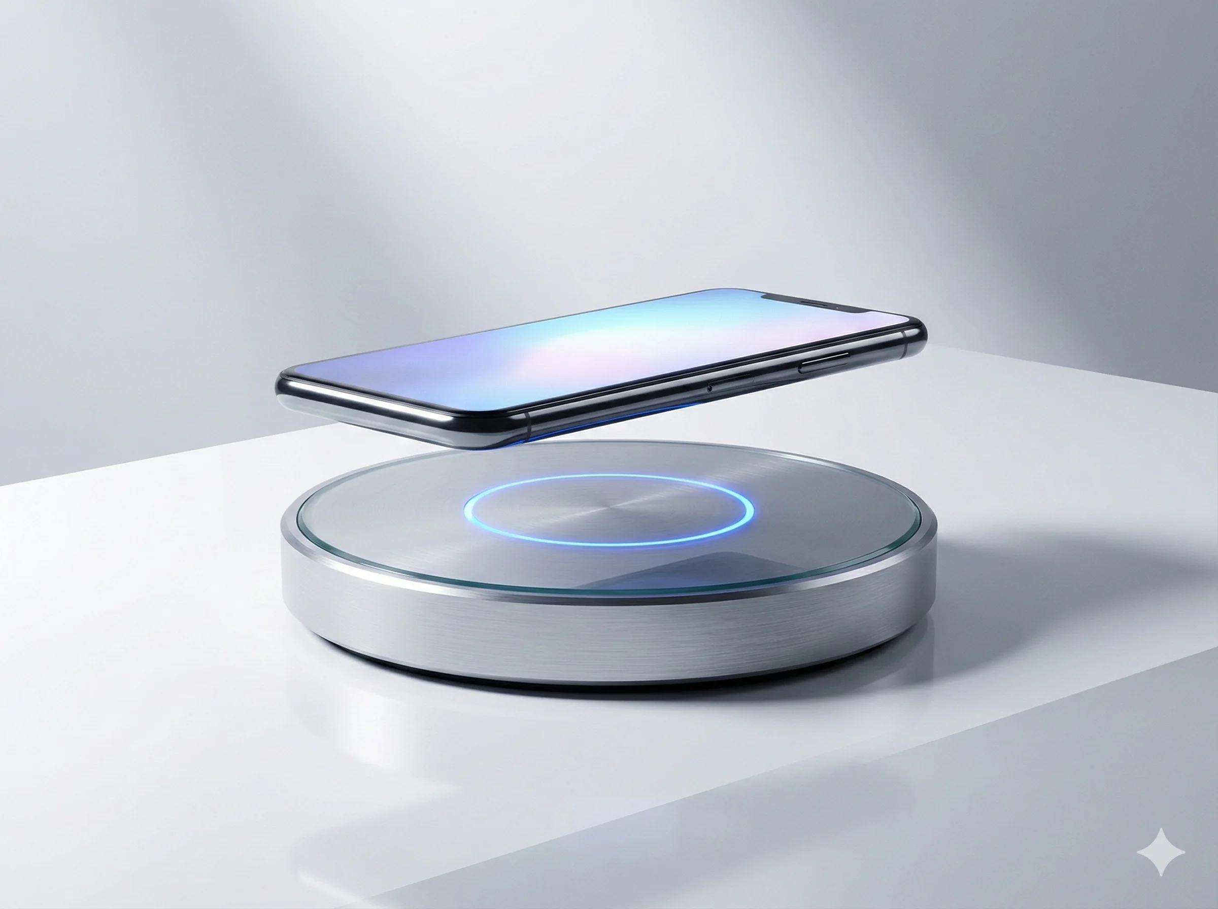 A futuristic wireless charging station featuring a floating magnetic phone dock