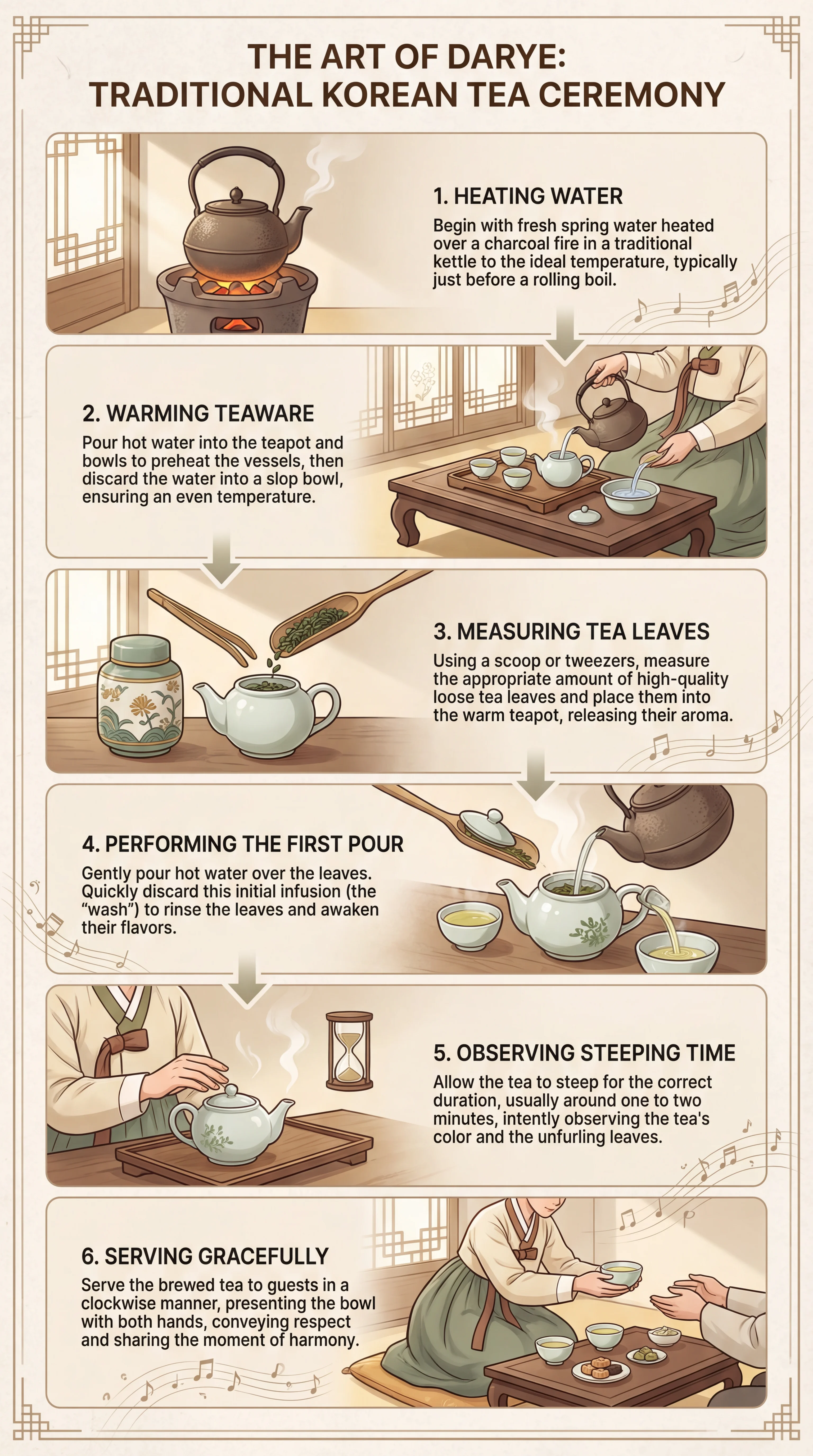 A step-by-step infographic illustrating the traditional Korean tea ceremony process