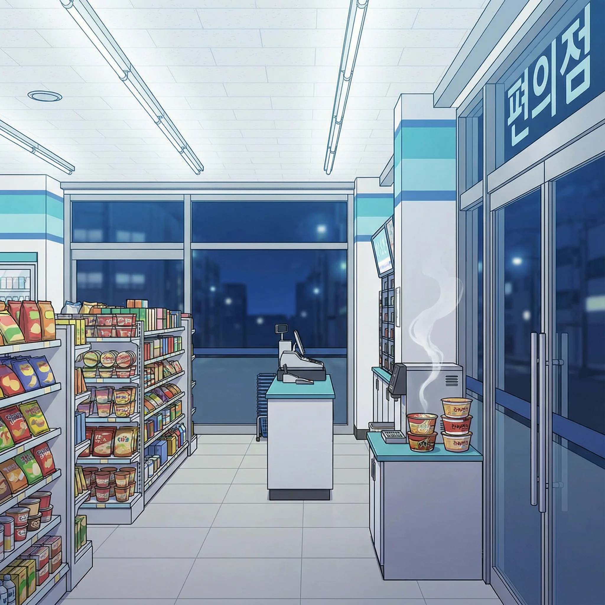 cozy Korean convenience store interior at night
