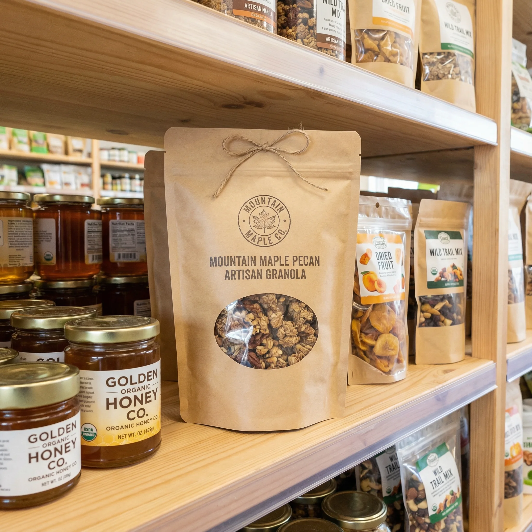 An artisan granola product in a kraft paper pouch