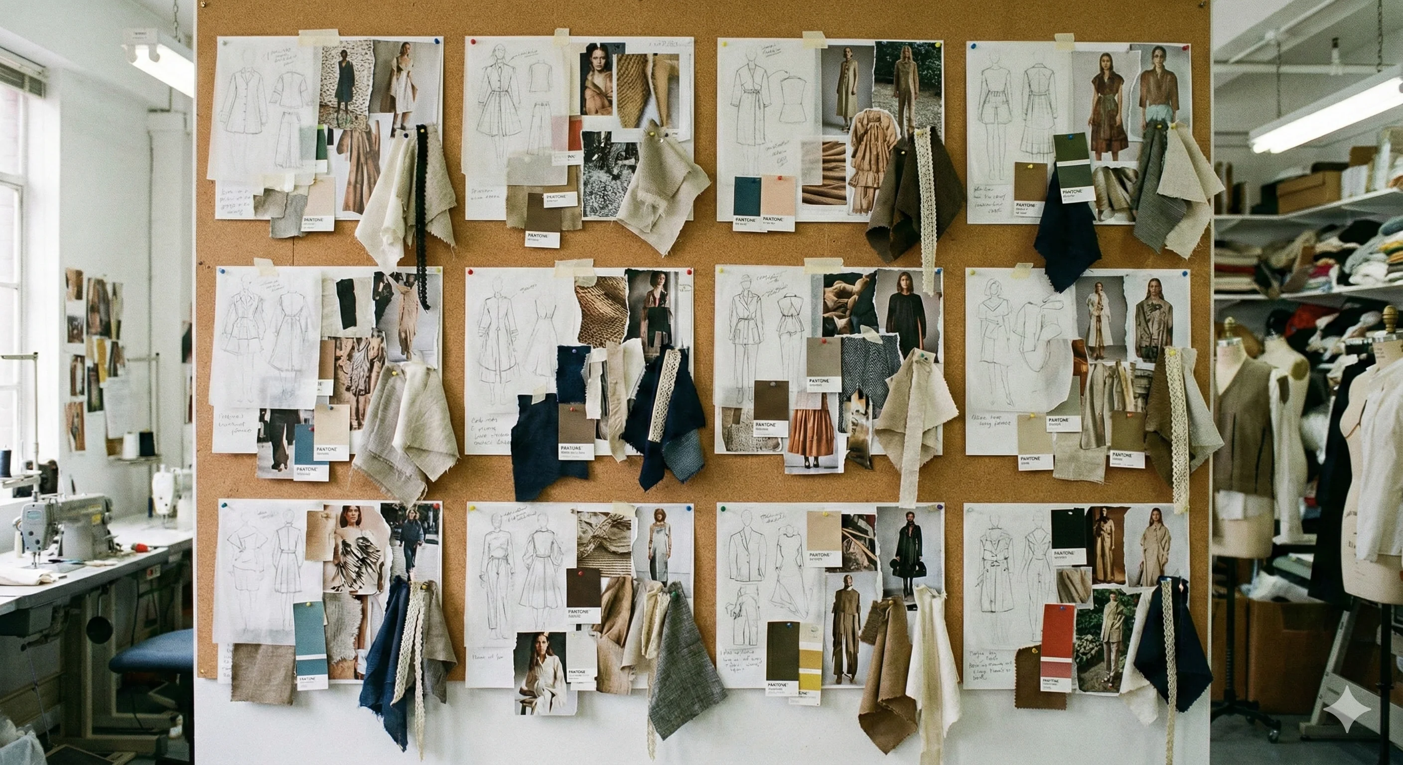 A candid, realistic photograph of a busy fashion designer's studio wall