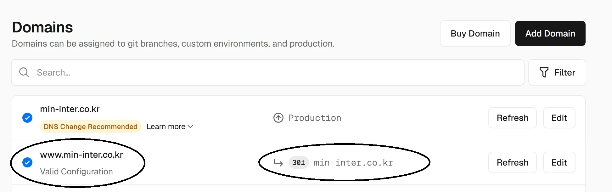 Vercel 도메인 설정 301 redirect setting