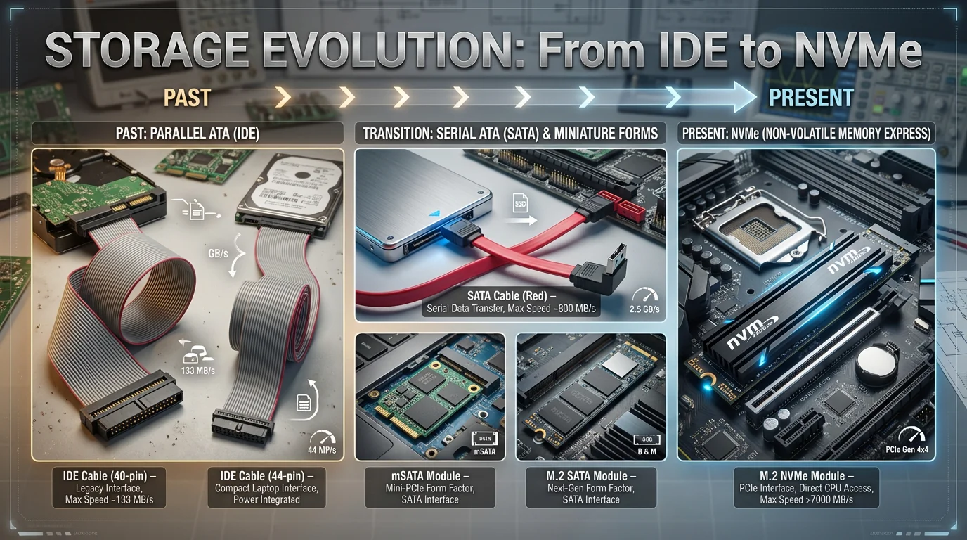 저장장치 인포그래픽 HDD IDE SATA mSATA M.2 SATA M.2 MNMe